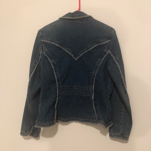 Floral Embroidered Denim Jean Jacket Bohemian Colorful Y2K Kikit Jeans sz Large - Picture 10 of 10